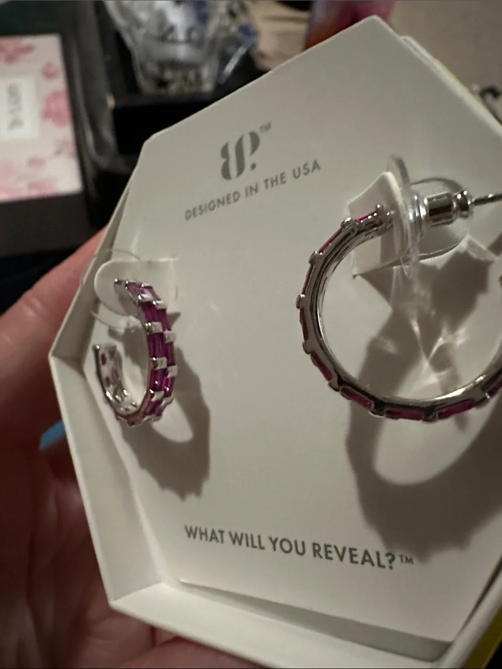 NWT Bomb Party rhodium Hoop Earrings with lab created ruby Crystals